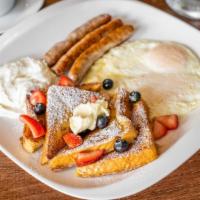 French Toast Combo · Two pc french toast, bacon or sausage, two eggs any style
