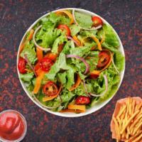 Dinner Salad (Side) · (Vegetarian) Romaine lettuce, spring mix, tomatoes, shredded carrots, cucumbers, and croutons.