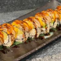 Lion King (Baked) · Imitation crab, avocado topped with salmon, spicy mayo, and unagi sauce.