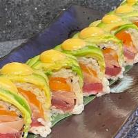 Sekushi Roll · Hamachi, tuna, salmon wrapped in soy paper topped with avocado, Jalapeño dressing, and spicy...