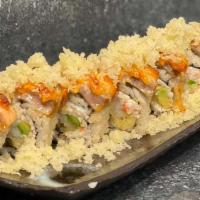 First Friday (Baked) · Shrimp tempura, imitation crab, avocado, topped with salmon, 421 sauce, unagi sauce, and tem...