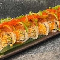 A's Roll · Shrimp tempura, spicy imitation crab, cucumber, topped with hamachi, spicy tuna, avocado, pi...
