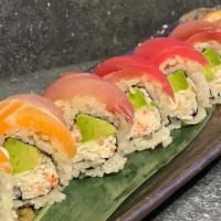 Pride Roll · Imitation crab, avocado topped with assorted fish.
