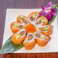 Salmon Lover Roll · Salmon and avocado topped with salmon.