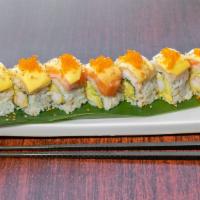 Awesome Mango Roll · Shrimp  Tempura,  Cucumber,  Avocado  w/ Salmon,  Hamachi,  Fresh Mango .