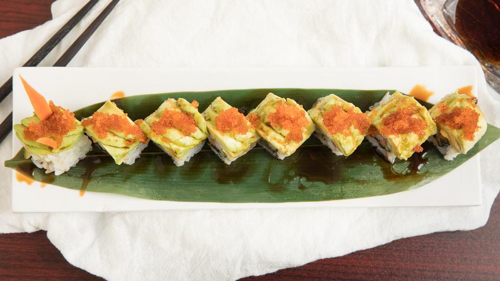 Caterpillar Roll · Eel and cucumber,crab wrapped with avocado.