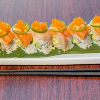 The Pearl Roll · Real Crabmeat ,Avocado Top w/Jalepeno, Salmon, Albacore