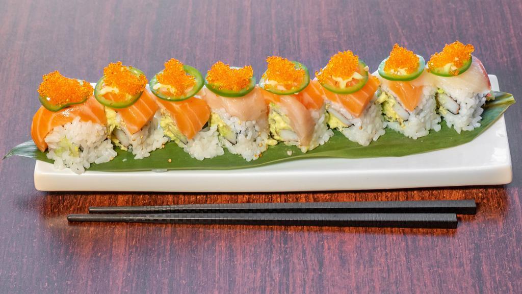 The Pearl Roll · Real Crabmeat ,Avocado Top w/Jalepeno, Salmon, Albacore