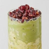 Matcha Red Bean Frostie · Ice blended matcha smoothie coated with matcha brûlée and topped with sweet red bean