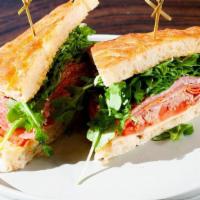 Ramona Sandwich · Hot Capicola, Sopressata, and Proscuitto with provolone cheese, sliced tomato, Pickled Shall...