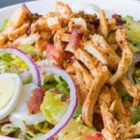 Chopped Salad · Organic romaine lettuce, free range chicken, bacon crumble, boiled eggs, diced tomatoes, red...