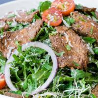 Tuscany Salad · Organic arugula, steak, cherry tomatoes, red onion, alfalfa sprouts and parmesan cheese with...