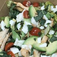 Nicoise Salad · organic mix greens, seared tuna,
boiled egg,  black olives, capers, onions, tomato w/herb le...