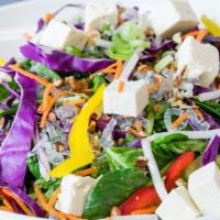 The Vegan Salad · Organic spinach, bok choy, red cabbage, carrots, kelp noodles, tofu, bean sprouts, and pecan...