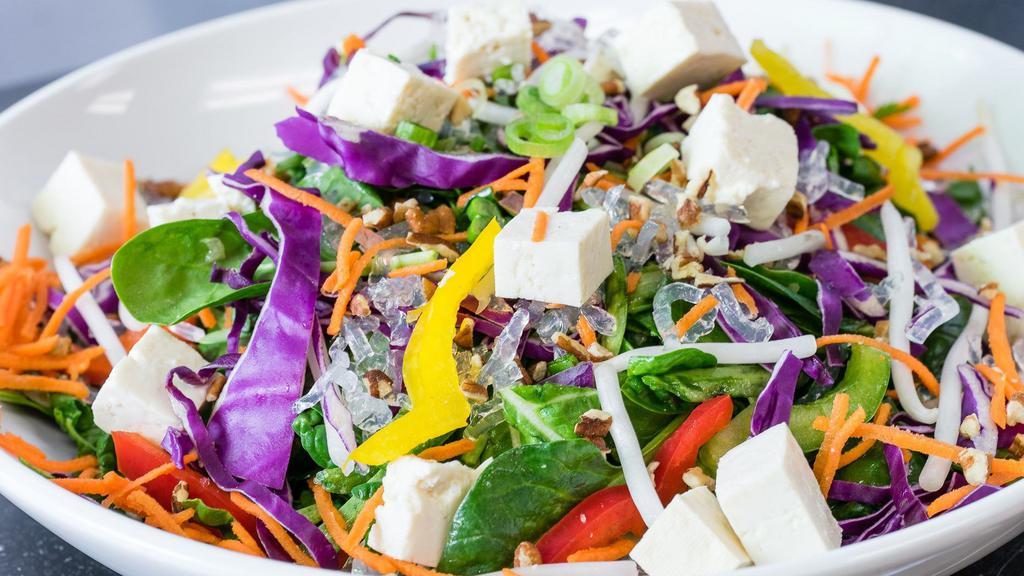 The Vegan Salad · Organic spinach, bok choy, red cabbage, carrots, kelp noodles, tofu, bean sprouts, and pecan nuts with miso vinaigrette dressing.