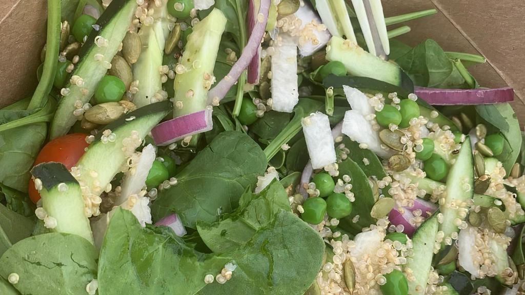 Oaktown Baby Salad · organic baby spinach, shrimps,
quinoa, cucumber, cherry tomatoes, green peas, onions, jicama w/avocado cilantro dressing.