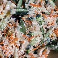 Sasame Chicken Salad · Organic Spring mixed, chicken, red cabbage, cucumber, tangerine, sesame seeds with sesame dr...