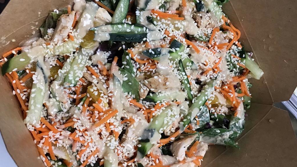 Sasame Chicken Salad · Organic Spring mixed, chicken, red cabbage, cucumber, tangerine, sesame seeds with sesame dressing.