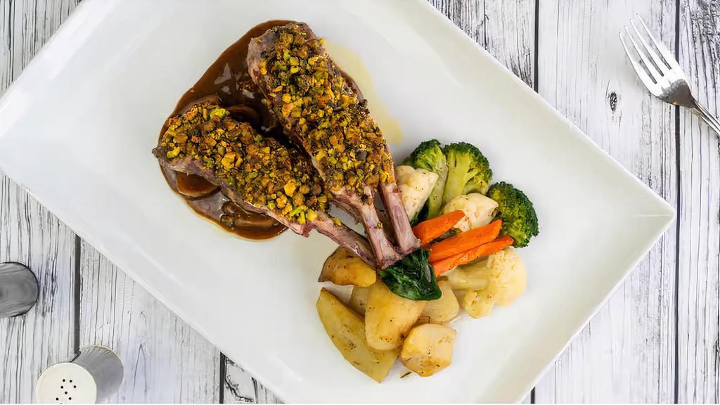 Pistachio Crusted Lamb Chops · Gluten free. Aged fig balsamic, roasted potato, vegetables. Served raw or undercooked, or contain or may contain raw or undercooked ingredients. Consuming raw or undercooked meats, poultry, seafood, shellfish, or eggs may increase your risk of foodborne illness, especially if you have certain medical conditions.