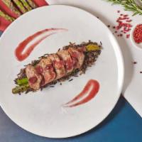 Duck Breast · Gluten free. Cranberry, Chianti wine, wild rice, grilled asparagus. Served raw or undercooke...