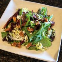 Mixed Green Salad · Mixed greens, House dressing, honey-roasted walnuts, dried cranberries and crumble Bleu cheese