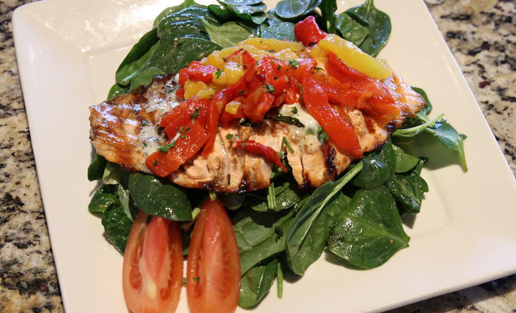 Wood Grilled Salmon Salad · Baby spinach, House dressing and grilled salmon with roasted peppers