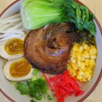 Miso Ramen with Chashu · Hearty miso broth served with corn, butter, scallions, ginger, horenso, soy-marinated egg, c...