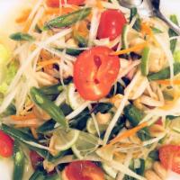 Green Papaya Salad · Shredded green papaya, carrot, tomato, ground peanut, green bean, lime and special dressing.