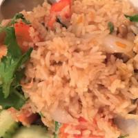 Spicy Fried Rice · Green and red bell pepper, onions, tomato, carrot and Thai basil.