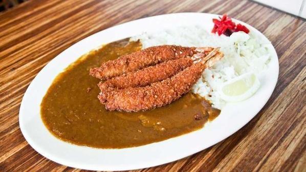 Ebi Fry Curry · Fried prawns served with curry sauce, steamed rice, and house special pickle.