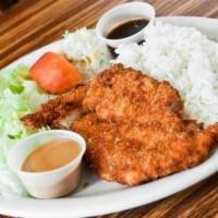 Chicken Katsu Lunch Set · Breast chicken cutlet served with sweet sauce, salad, mini-appetizers, steamed rice, and mis...