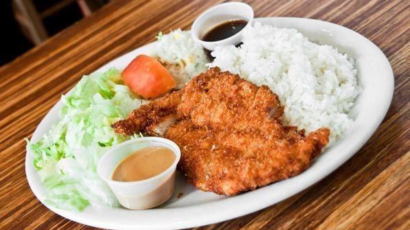 Chicken Katsu Lunch Set · Breast chicken cutlet served with sweet sauce, salad, mini-appetizers, steamed rice, and miso soup.