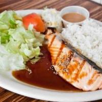 Salmon Teriyaki Lunch Set · Grilled salmon served with teriyaki sauce, salad, mini-appetizers, steamed rice, and miso so...