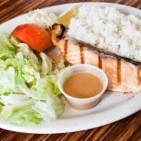 Salmon Shioyaki Lunch Set · Lightly salted grilled salmon served with salad, mini-appetizers, steamed rice, and miso soup.