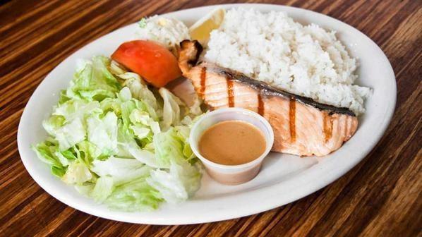 Salmon Shioyaki Lunch Set · Lightly salted grilled salmon served with salad, mini-appetizers, steamed rice, and miso soup.