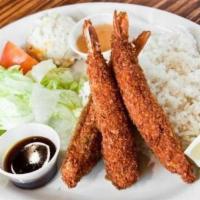 Ebi Fry Lunch Set · Deep fried breaded prawn served with salad, mini-appetizers, steamed rice, and miso soup.