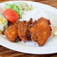 Salmon Fry Lunch Set · Deep fried breaded salmon served with salad, mini-appetizers, steamed rice, and miso soup.