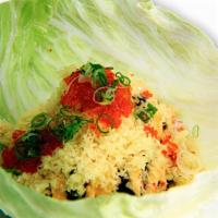 Lettuce Wrap · Spicy. Spicy tuna, crab, crunch and tobiko.