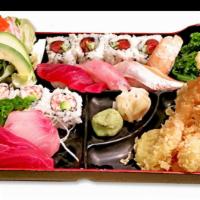 Deluxe Bento · Served with Salad
Sashimi (6), Sushi (4)
Spicy Tuna (4), Cali. (4)
Mixed Tempura (6)
Seaweed...