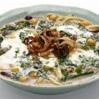 Ash Reshteh · Soup of elegance. Made with fresh Persian noodles, mixed vegetables, pnto beans, chopped gar...
