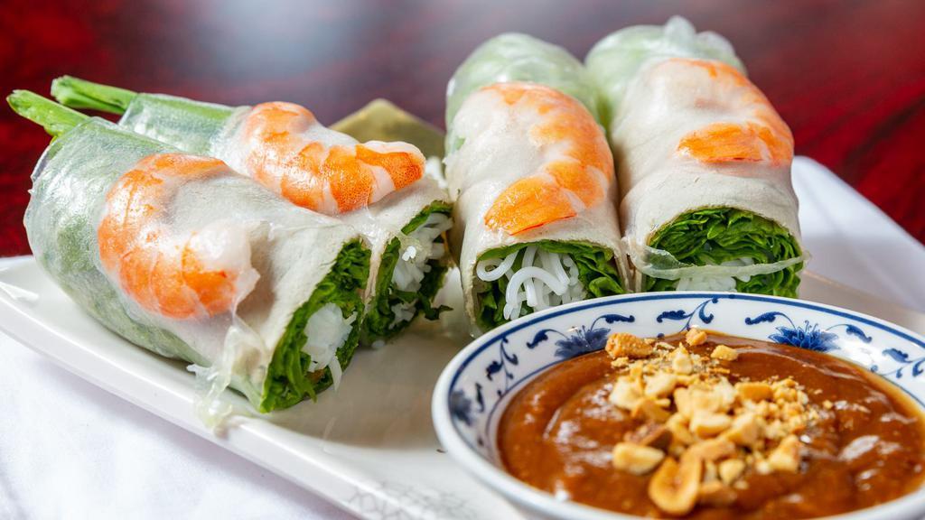 Goi Cuon Tom Thit · Spring rolls (shrimp, with herbs, vermicelli wrapped in rice paper skin, served with peanut sauce).