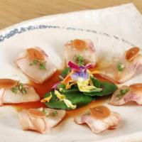Yellowtail Sashimi · Shallots, Garlic Ponzu, Watercress