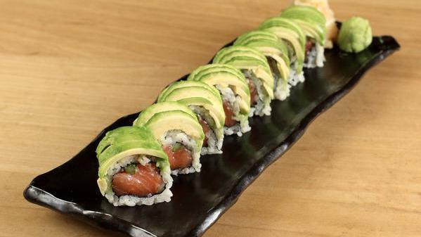 Salmon Avocado Roll · Salmon, asparagus and cucumber, topped with avocado with yuzu aioli on the side.