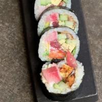 ROKA Futo Maki Roll · with Big Eye Tuna, Ora King Salmon, Unagi, Hamachi and Tamago