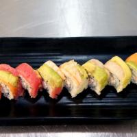 Rainbow Roll (Imitation crab mix, avocado, Tuna, salmon, hamachi, shrimp) · 