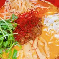 Vegan Spicy Miso Ramen · Toppings : Minced Soy Meat, Spicy Bean Sprout, Arugula, Bamboo Shoot, Green Onion, 
Chili Oi...