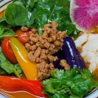 Vegan Tomato Miso Ramen · Toppings : Soy Flakes, Spinach, Tomato, Bell Peppers, Eggplant, Cauliflower, Cilantro, Red R...