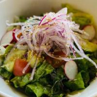 Green  Salad · Lettuce, cucumbers, avocado, cabbage, tomato, radish red onion and sesame with house made se...