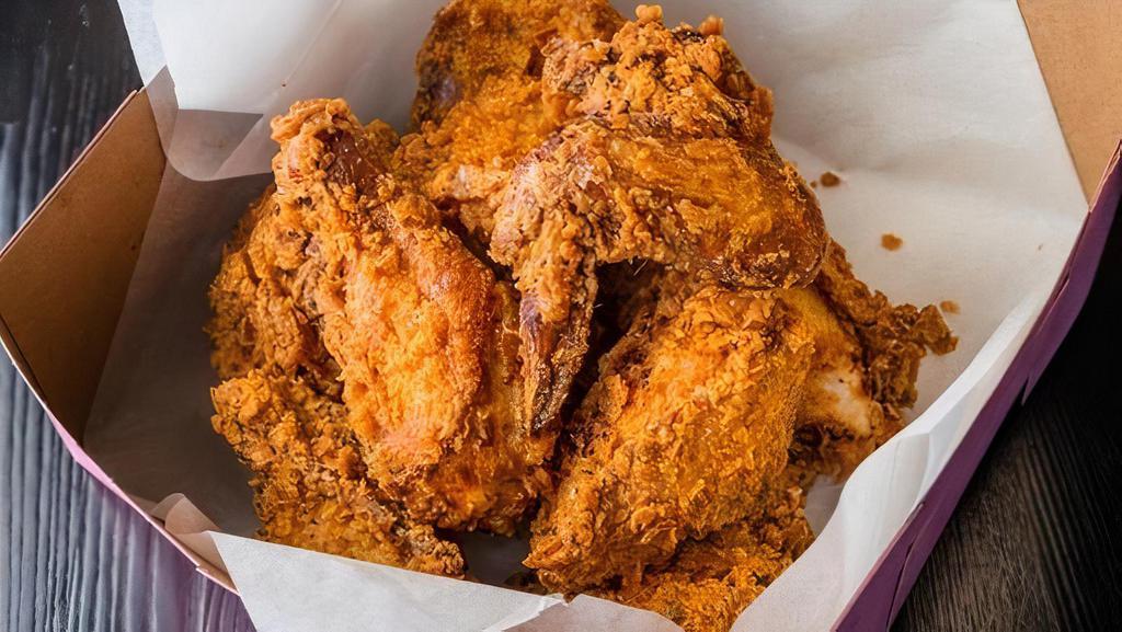 Whole Fried Chicken · nice pastured chicken dipped in buttermilk batter and fried crispy (10 pieces). comes with choice of two deli sides and two hot sides. **At peak times, please allow an additional 15 minutes for chicken**