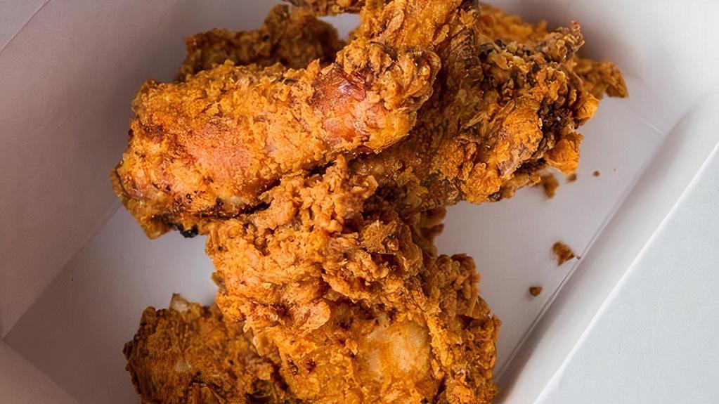 Half Fried Chicken · nice pastured chicken dipped in buttermilk batter and fried crispy (5 pieces). comes with choice of one deli side and one hot side. **At peak times, please allow an additional 15 minutes for chicken**